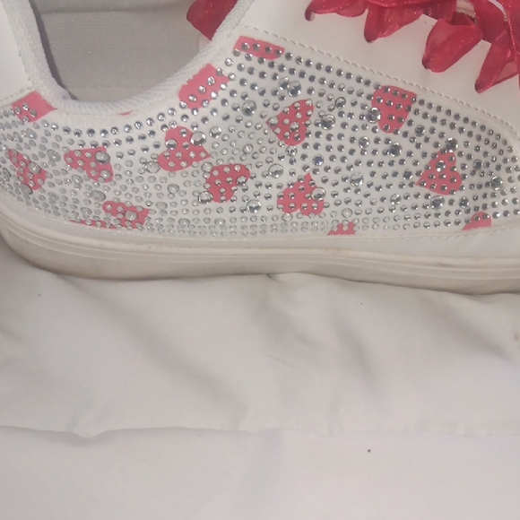 Cato White Sneakers with Pink Heart Accents and Red Ribbon Laces - Picture 5 of 5